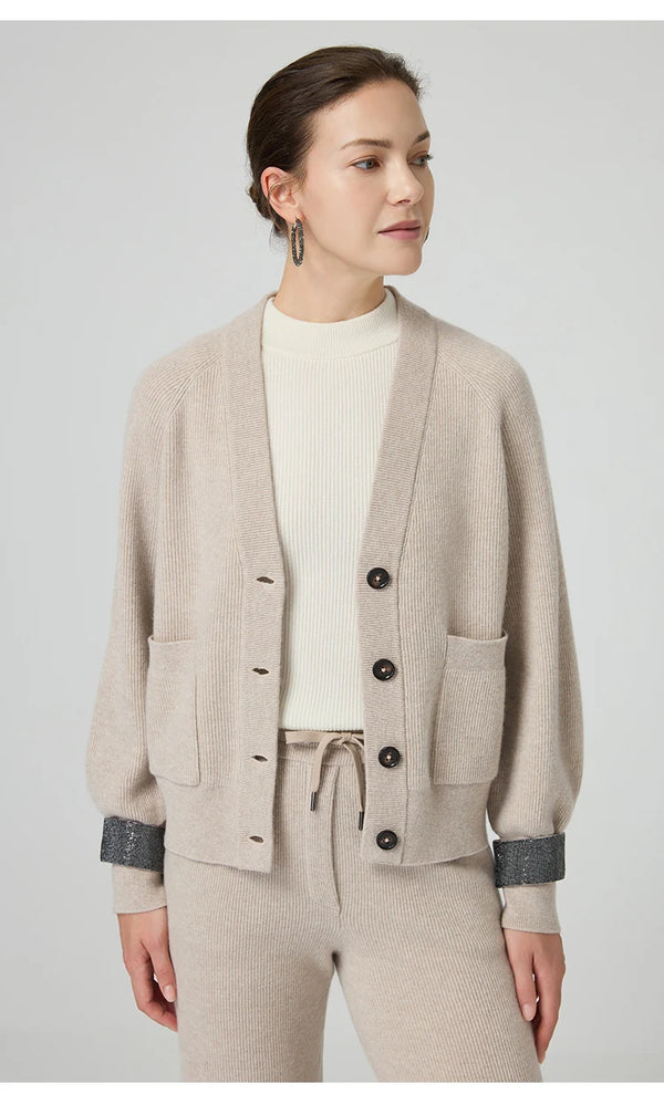 Premium wool rib knit cardigan showcasing classic V-neck styling and thoughtful button details