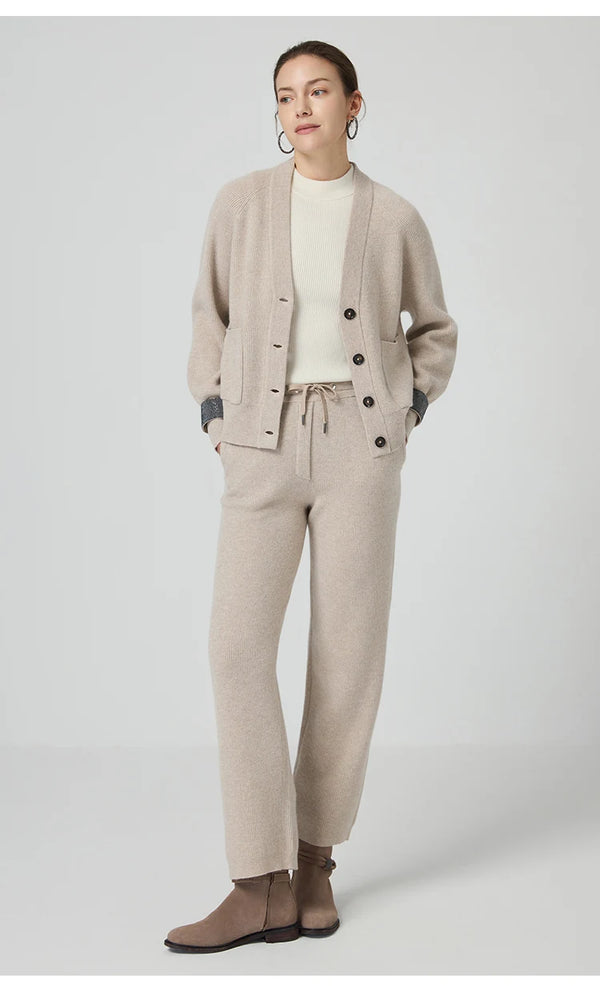 Classic heavyweight wool cardigan with V-neck design and sophisticated ribbed texture