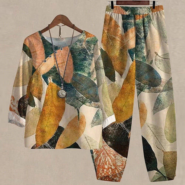 Whimsical floral print top paired with comfortable pants.