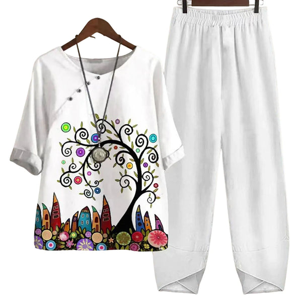 Floral print set with a loose fitting top for relaxed comfort.