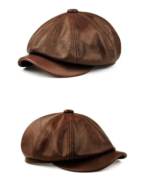 Brown leather beret with a sleek design, perfect for any wardrobe.