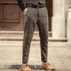 Classic wool tweed suit pants for men in coffee brown, slim fit, flat-front style, perfect for formal and casual occasions.