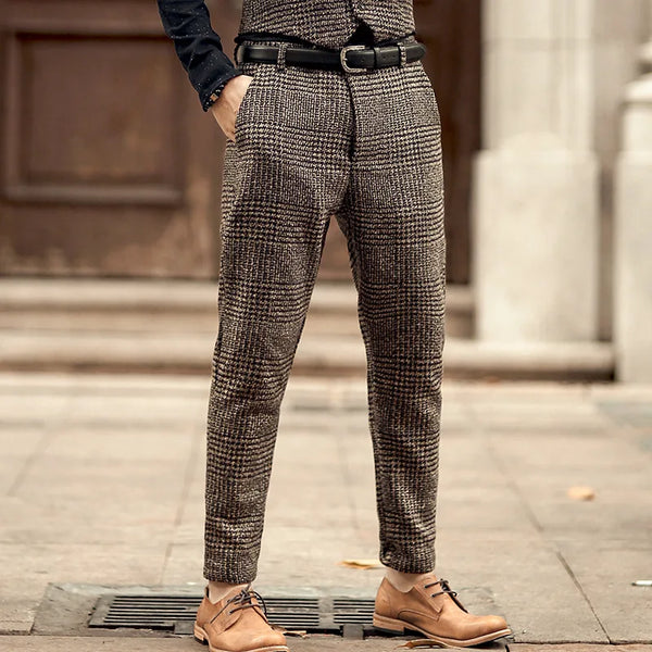 Classic wool tweed suit pants for men in coffee brown, slim fit, flat-front style, perfect for formal and casual occasions.