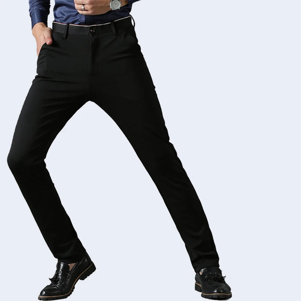 Elegant men's slim fit dress pants in solid black, perfect for office wear and formal occasions, crafted from durable polyest