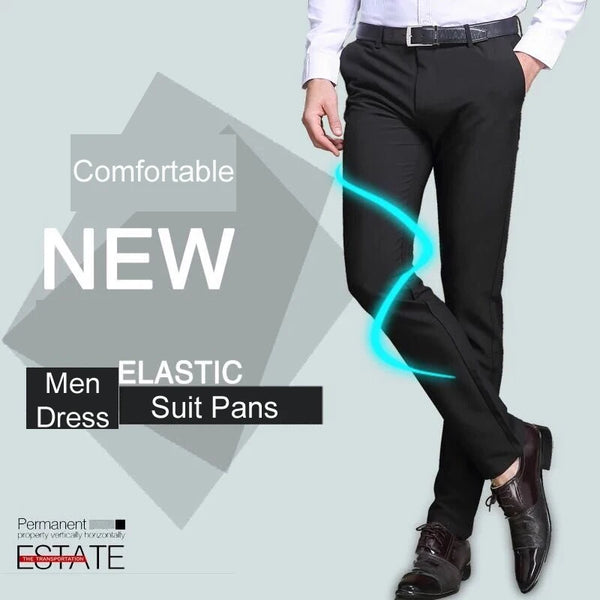 Elegant Men's Slim Fit Dress Pants in solid black, perfect for formal occasions and daily office wear, made from premium poly