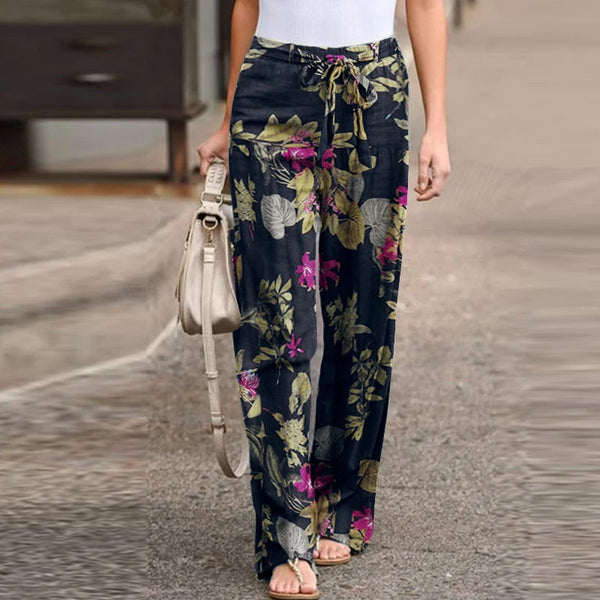 Vintage floral wide-leg pants for women, ankle-length, breathable cotton-linen blend, perfect for spring 2024 fashion.