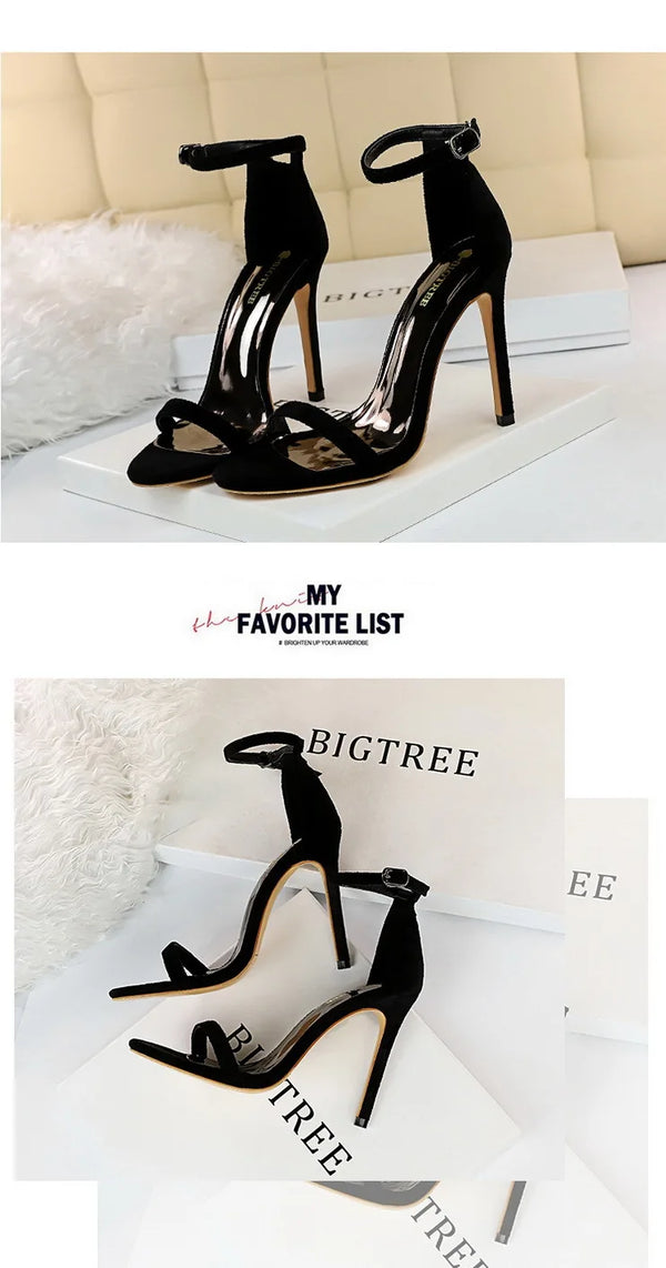 Ankle buckle sandals in suede with over 8cm stiletto heel
