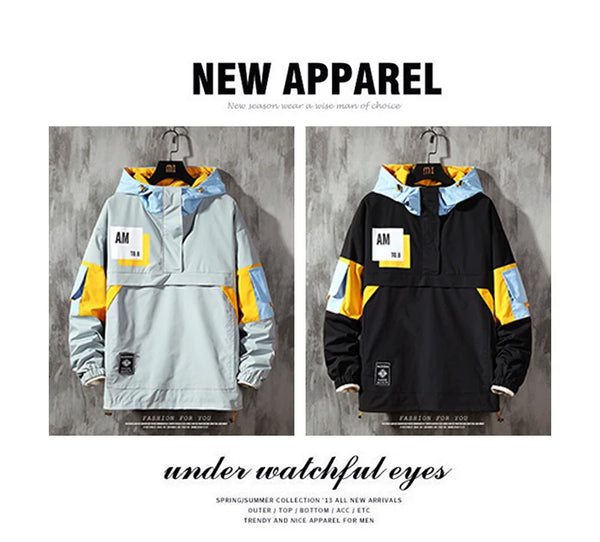 Men's hooded windbreaker jacket with color block design, lightweight polyester, zip-up front, perfect for casual spring wear.