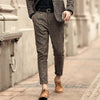 Classic wool tweed suit pants for men in coffee brown, slim fit, flat-front style, perfect for formal and casual occasions.