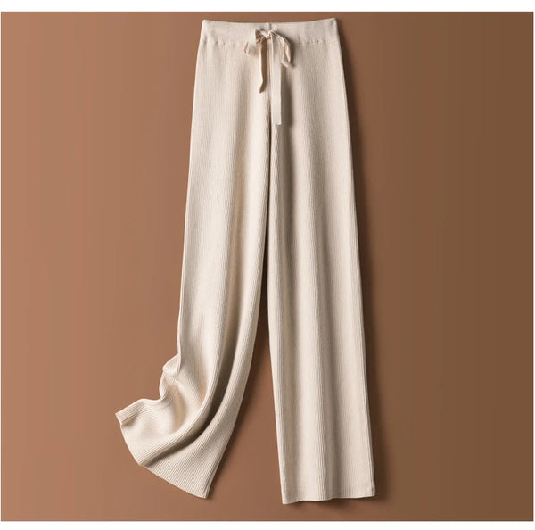 Luxe cashmere blend wide-leg pants for women, featuring a high waist, soft fabric, and comfortable elastic waistband.