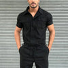 Men's casual one-piece fashion jumpsuit with belt, breathable polyester, button fly closure, perfect for spring and summer.