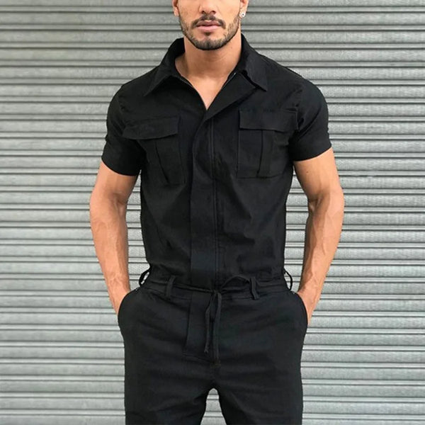 Men's casual one-piece fashion jumpsuit with belt, breathable polyester, button fly closure, perfect for spring and summer.