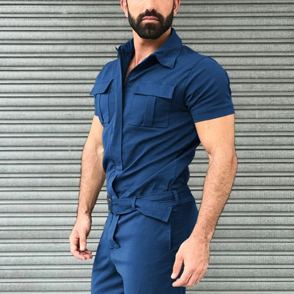 Men's Casual One-Piece Fashion Jumpsuit with Belt in breathable polyester, perfect for spring and summer style and comfort.
