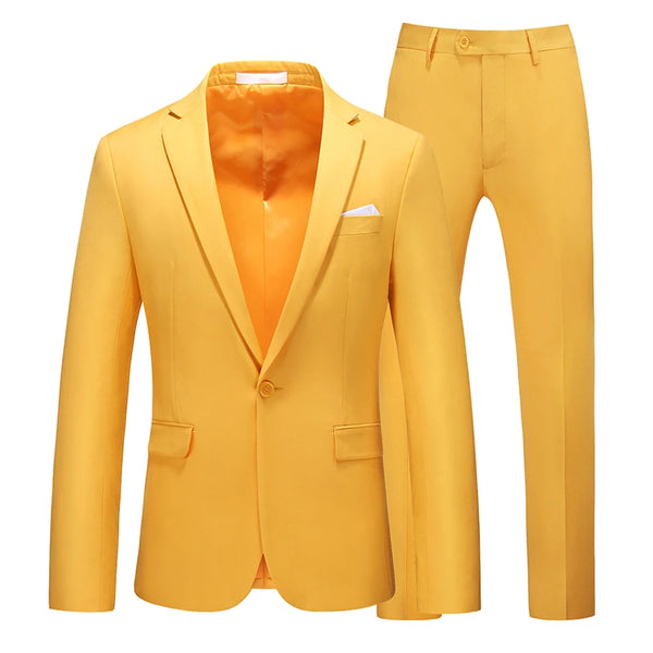 Slim Fit Men's Suit Set with single-breasted jacket and flat-front trousers for weddings and formal events in various colors.