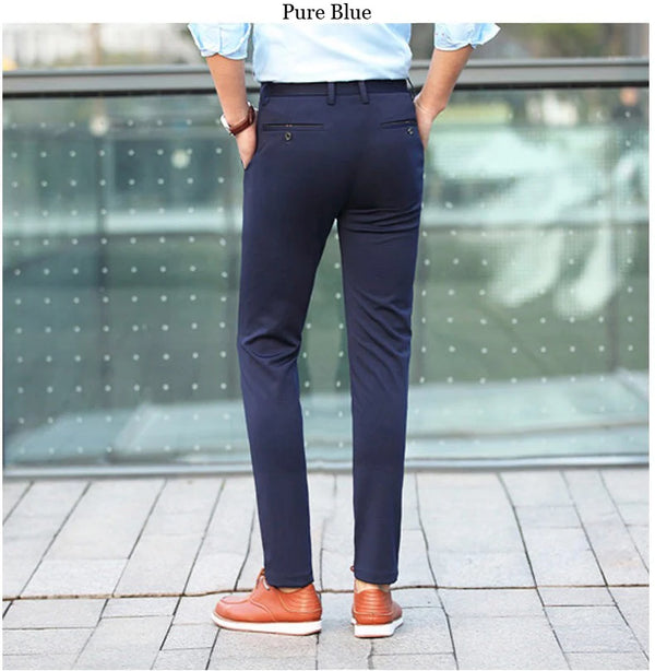 Elegant Men's Slim Fit Dress Pants in solid black, perfect for formal occasions and office wear, made from durable polyester.