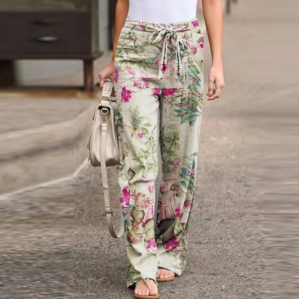 Vintage floral wide-leg pants for women, ankle-length, breathable cotton-linen blend, perfect for spring 2024 fashion.