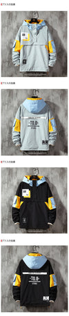 Men's hooded windbreaker jacket with color block design, lightweight polyester, zip-up front, perfect for casual autumn wear.
