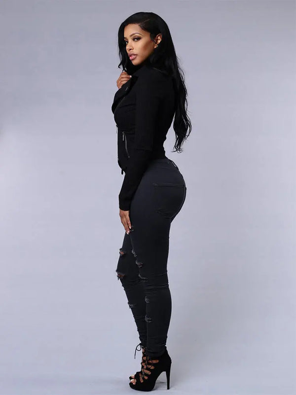 Chic ripped skinny jeans for women, featuring high-stretch fabric and edgy detailing for a stylish, versatile look.