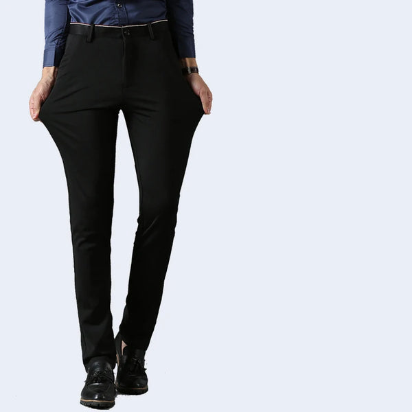 Elegant Men's Slim Fit Dress Pants in solid black, perfect for formal occasions and office wear, made from durable polyester.