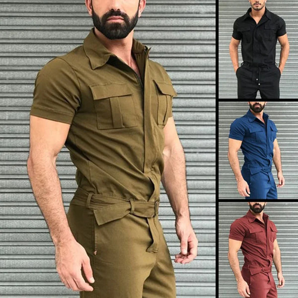 Men's casual one-piece fashion jumpsuit with belt, breathable polyester, button fly closure, perfect for spring and summer.