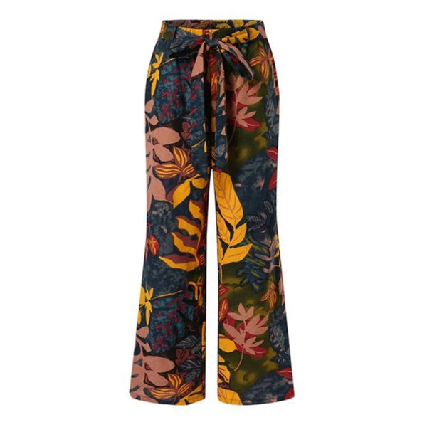 Vintage floral wide-leg pants for women, ankle-length, cotton-linen blend, perfect for spring 2024 casual style.