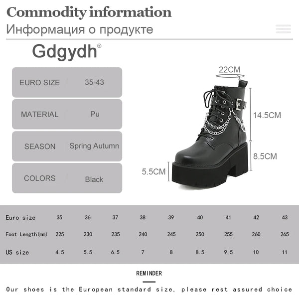 Gothic platform boots showing metal chain detail and 8cm high heel construction