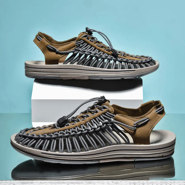 Handwoven summer sandals featuring elastic band closure and lightweight comfort