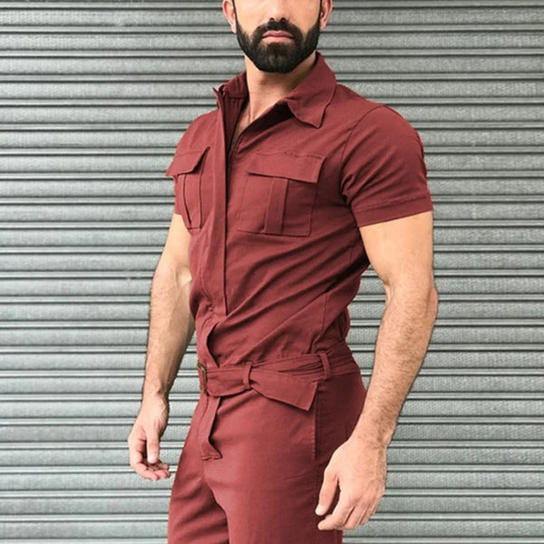 Men's Casual One-Piece Fashion Jumpsuit with Belt in breathable polyester, perfect for spring and summer style and comfort.