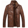 Elegant men's faux leather jacket with fleece lining, mandarin collar, and zipper closure for stylish winter warmth.