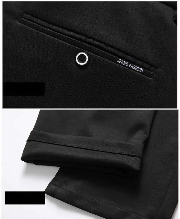 Elegant men's slim fit dress pants in solid black, perfect for office wear and formal occasions, made from durable polyester.