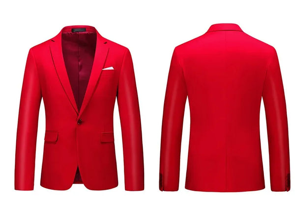 Slim Fit Men's Suit Set with jacket and trousers for formal events, available in white, red, and pink. Perfect for weddings a