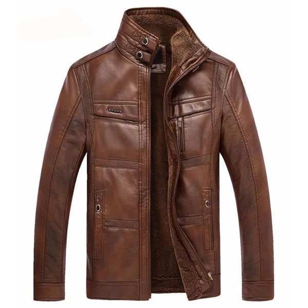 Elegant men's faux leather jacket with fleece lining, mandarin collar, and zipper closure for stylish winter warmth.