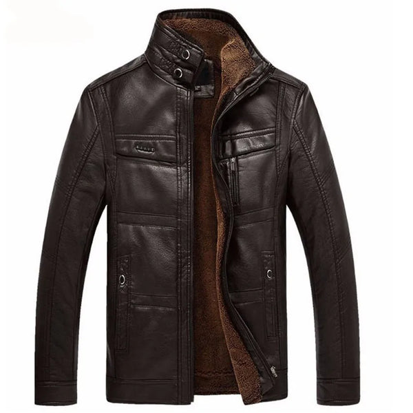 Elegant men's faux leather jacket with fleece lining, mandarin collar, and zipper closure for stylish winter warmth.