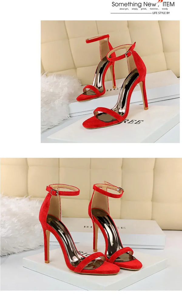 Thin heel sandals featuring secure ankle strap and buckle