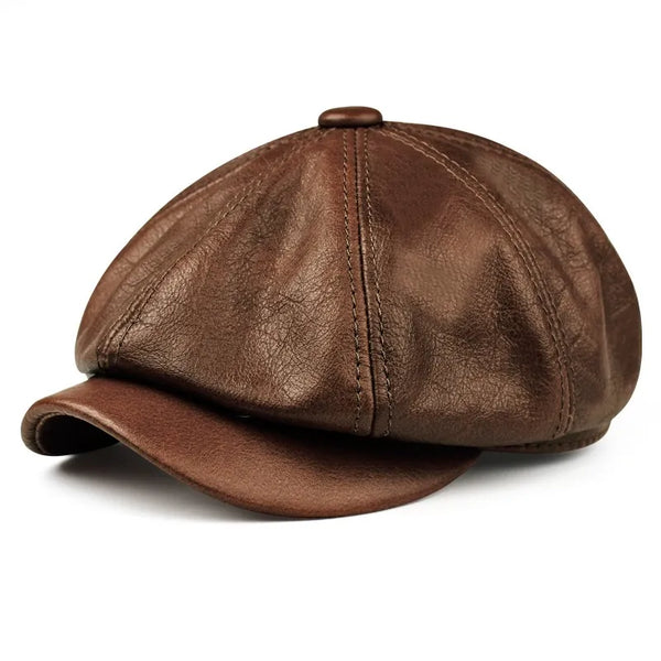 Black leather beret highlighting its lightweight feel and comfort fit.