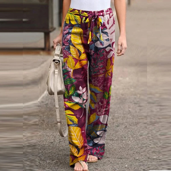 Vintage floral wide-leg pants for women in cotton-linen blend, perfect for spring 2024 casual and semi-formal wear.
