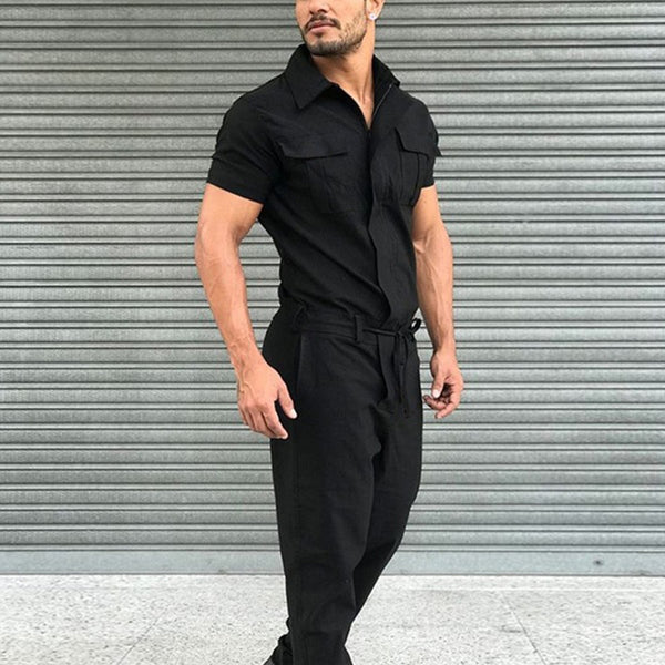 Men's Casual One-Piece Fashion Jumpsuit with Belt in breathable polyester, perfect for spring and summer style and comfort.