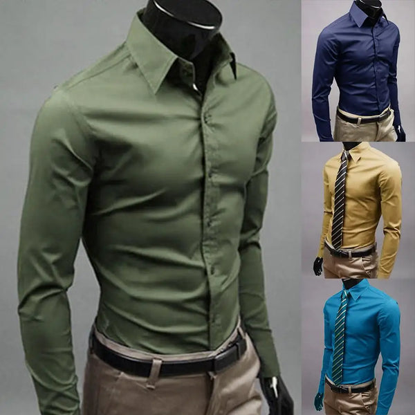 Classic Men's Business Dress Shirt in solid color, long sleeve, slim fit, perfect for office wear and casual outings.