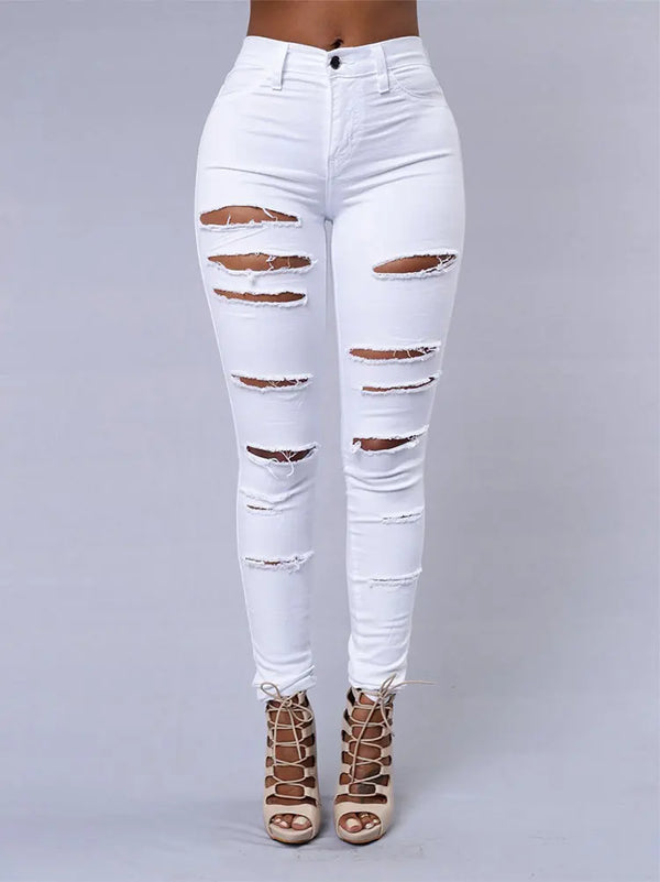 Chic ripped skinny jeans for women, featuring high-stretch fabric and edgy detailing for a stylish, versatile look.
