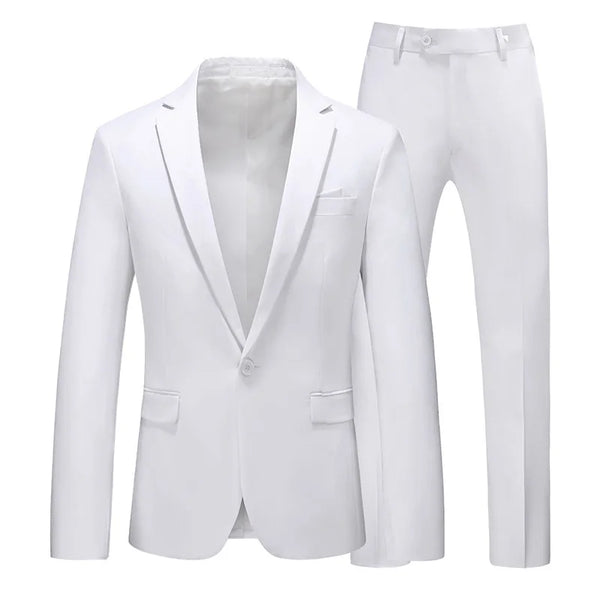 Slim Fit Men's Suit Set in white, red, and pink, featuring a single-breasted jacket and flat-front trousers for formal events