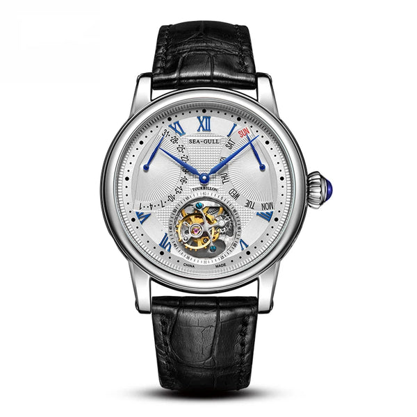 Close-up of the Seagull ST8004ZS tourbillon watch showcasing intricate mechanical artistry.