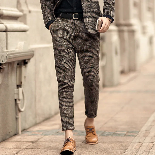 Classic wool tweed suit pants for men in coffee brown, slim fit, flat-front style, perfect for formal and casual occasions.