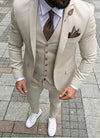 Beige slim fit wedding tuxedo suit 3-piece set for men, perfect for formal events and tailored for a sharp look.