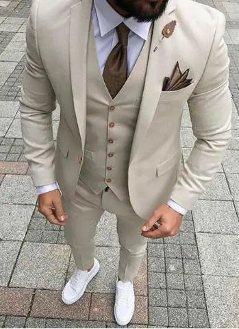 Beige slim fit wedding tuxedo suit 3-piece set for men, perfect for formal events and tailored for a sharp look.