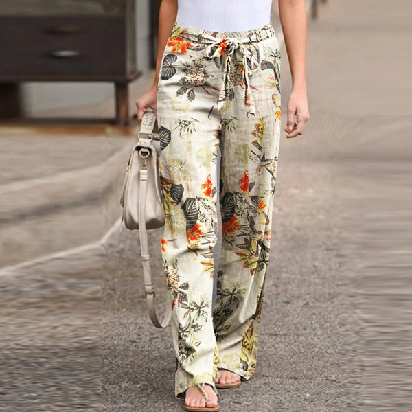 Vintage floral wide-leg pants for women, ankle-length, high waist, cotton-linen blend, perfect for spring 2024 fashion.
