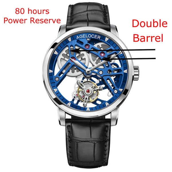 Tourbillon skeleton watch showcasing intricate mechanics in stainless steel.
