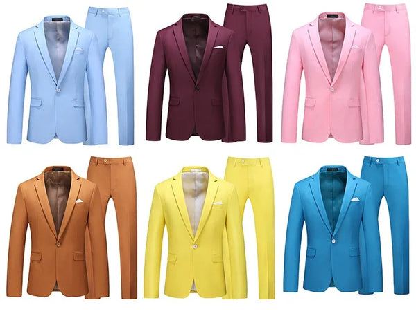 Slim Fit Men's Suit Set in white, red, and pink, perfect for weddings, business meetings, and formal events.