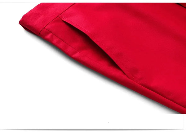 Slim Fit Men's Suit Set in white, red, and pink, featuring a single-breasted jacket and flat-front trousers for formal events