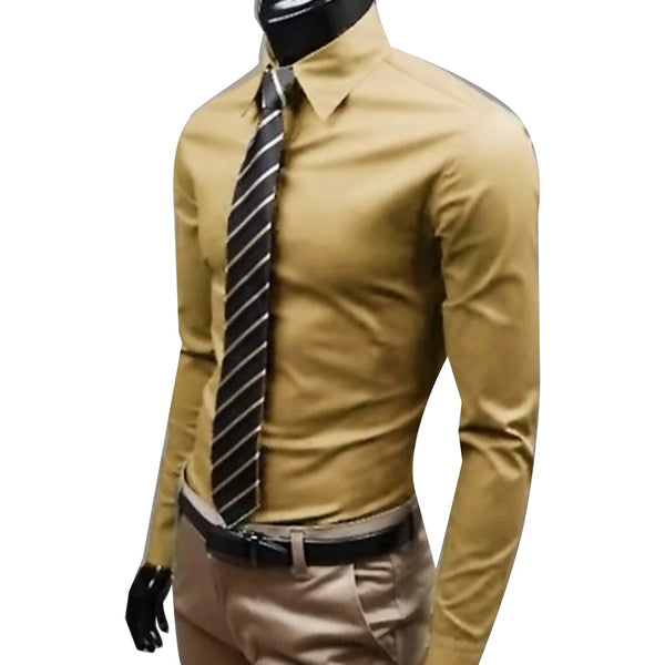 Classic men's business dress shirt in solid color, long sleeve, slim fit, perfect for office wear and casual outings.