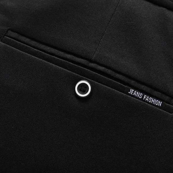 Elegant men's slim fit dress pants in solid black, perfect for formal attire and everyday office wear, made from durable poly